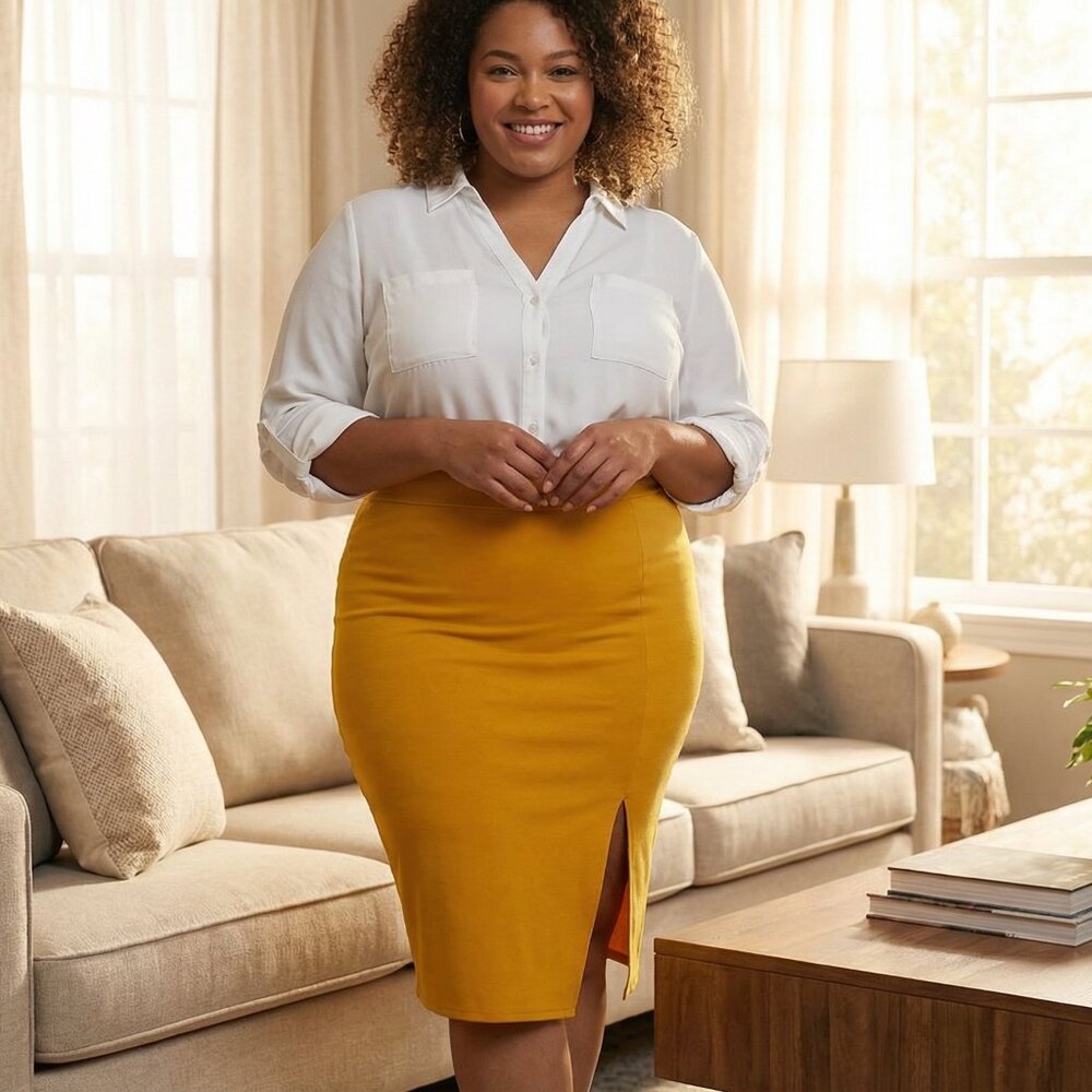 Plus Size Yellow Mustard High Waisted Midi Pencil Skirt Size 4X